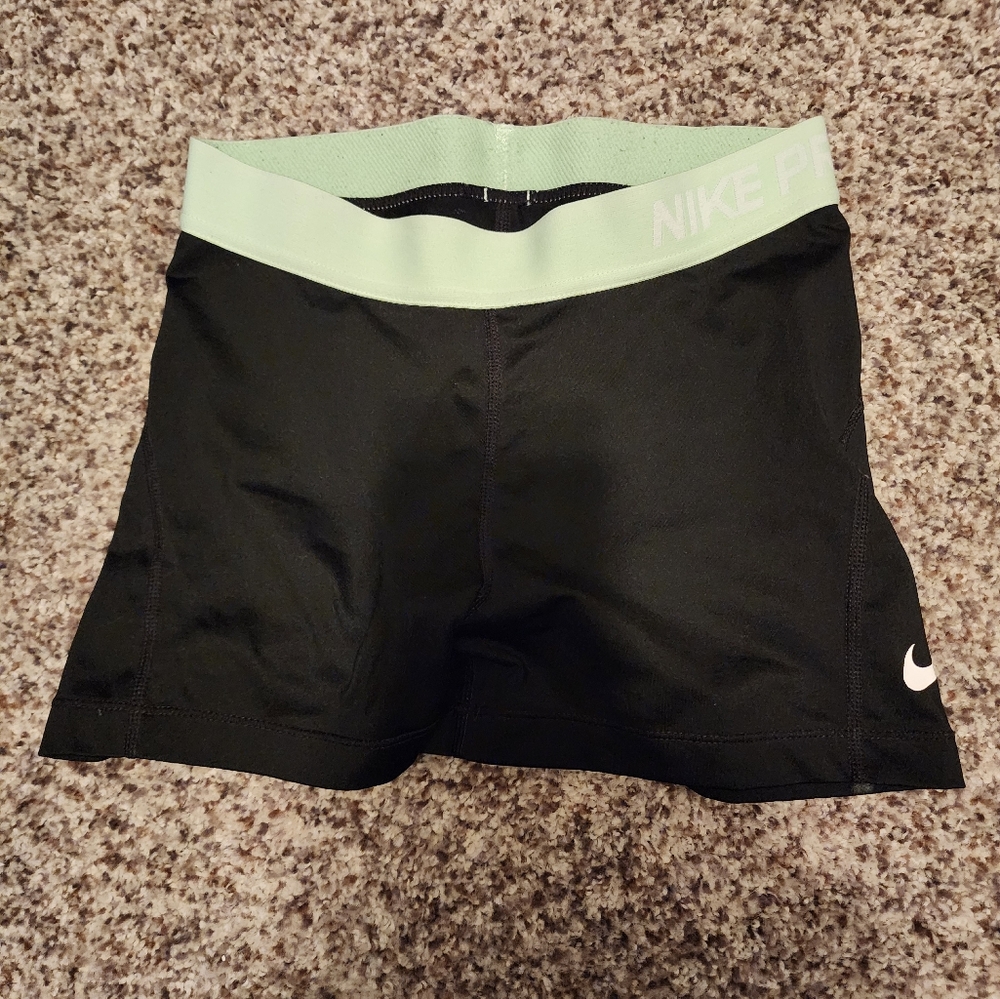 Nike pro shorts black green band women's S small gym short 3" athletic cheer